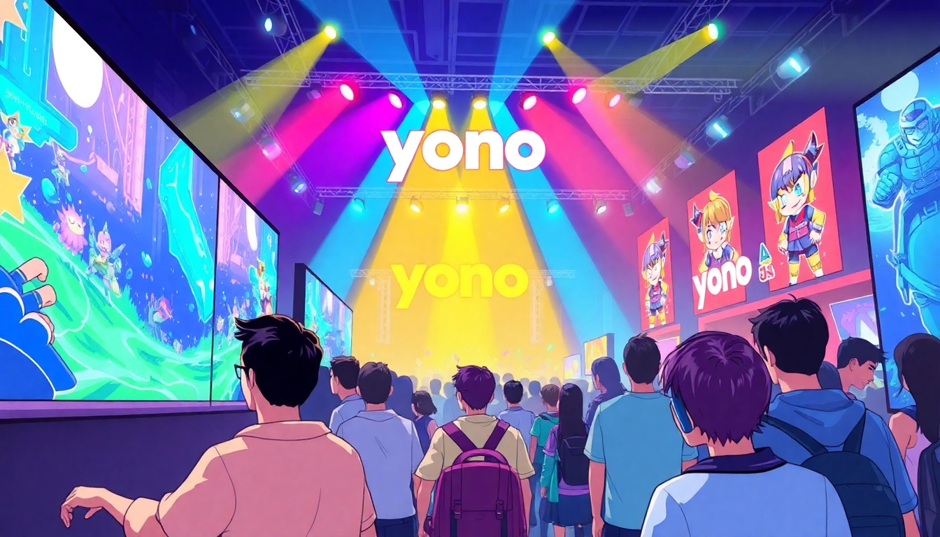 Engaged players enjoying the yono game at a vibrant gaming event with colorful displays.