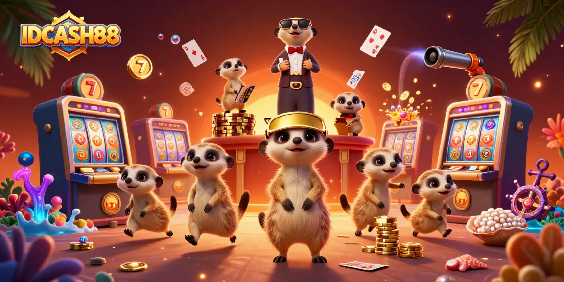 Experience thrilling gameplay at IDCASH88 with meerkats managing a vibrant casino.