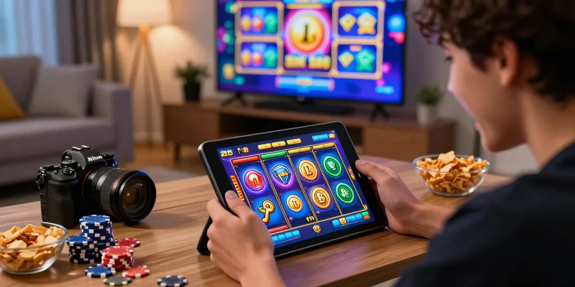 Engaging scene of a player enjoying slot depo 1k game on a tablet amidst gaming accessories.