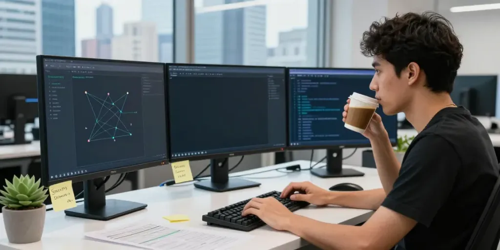 Cybersecurity analyst engaged in monitoring networks connected to hidden wiki 2026, showcasing modern tech workspace.