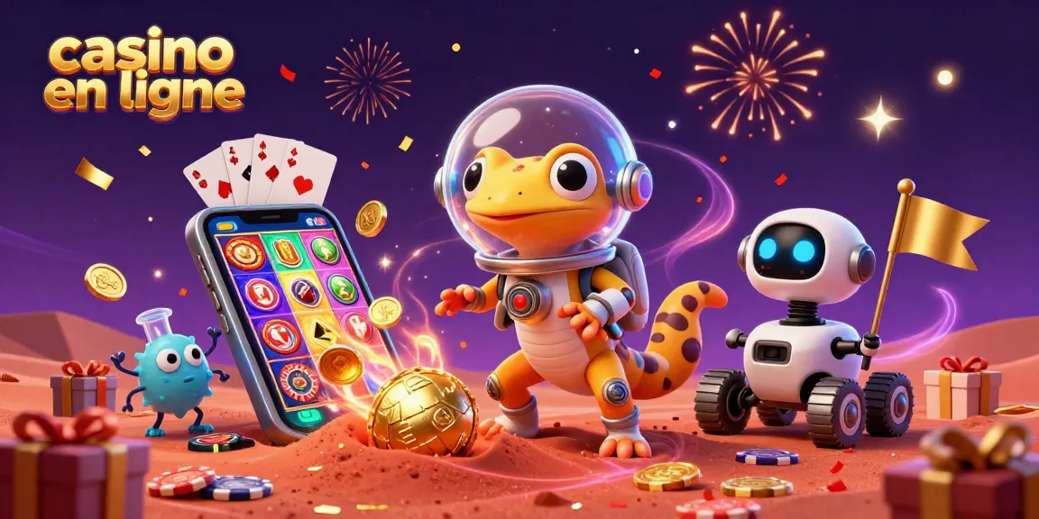 Casino en ligne avec un lézard martien découvrant un casino doré, entouré de jeux et de confettis.