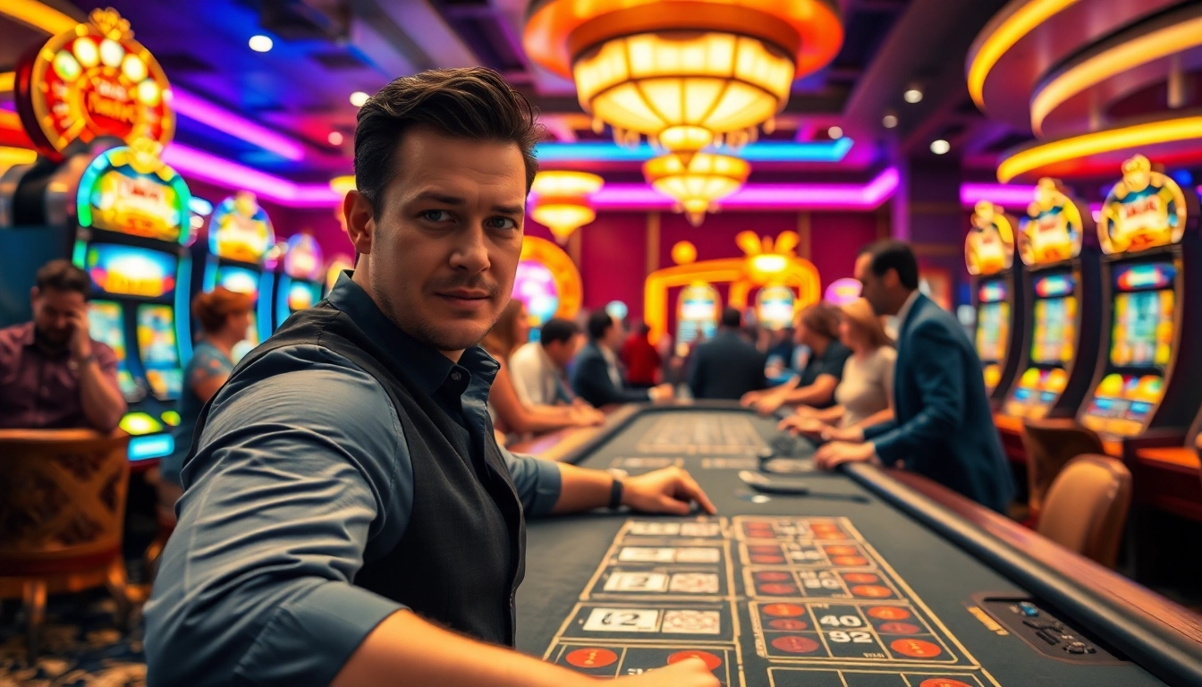 Engaging scene at a Non gamstop casino with a lively dealer and excited players.
