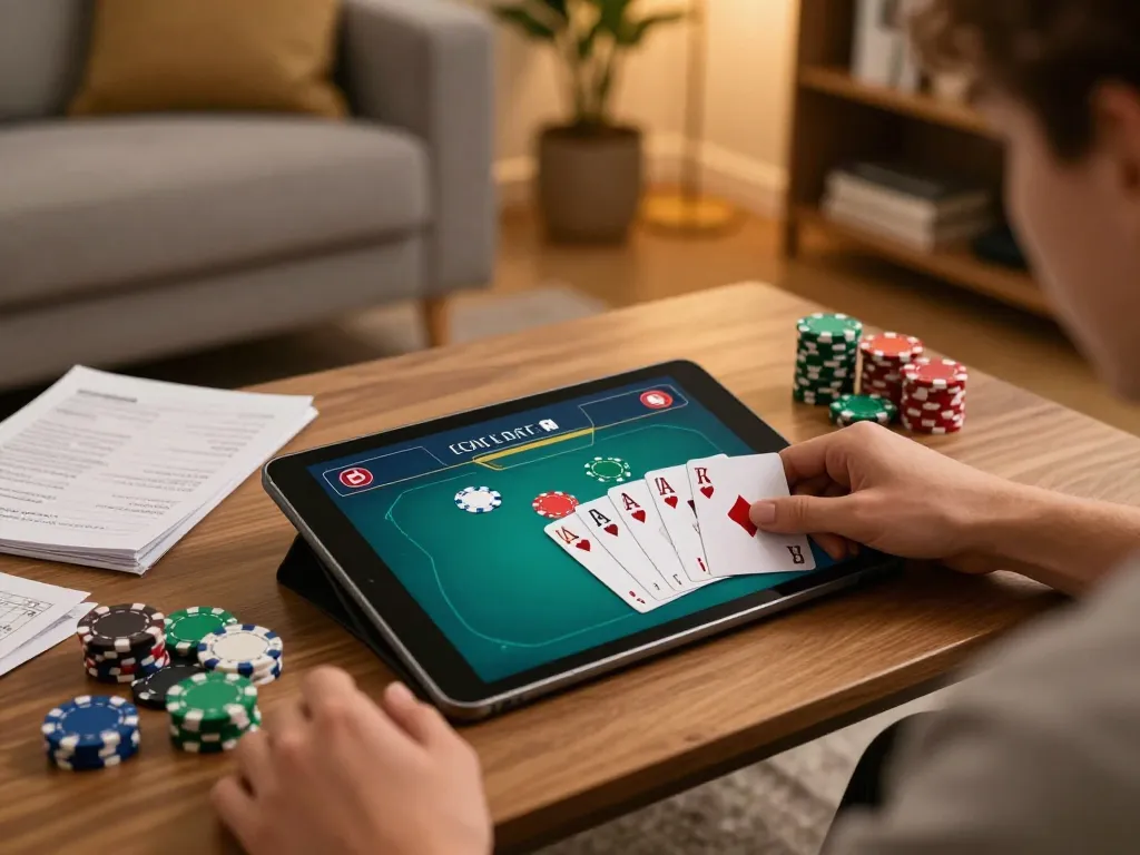 Sunwin player engaged in an online poker game with strategy notes and chips, showcasing responsible gaming.