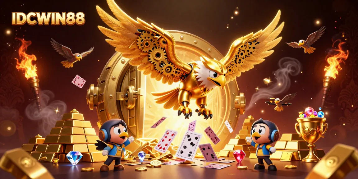 Experience exciting jackpots with IDCWIN88 featuring a golden eagle among holographic cards!
