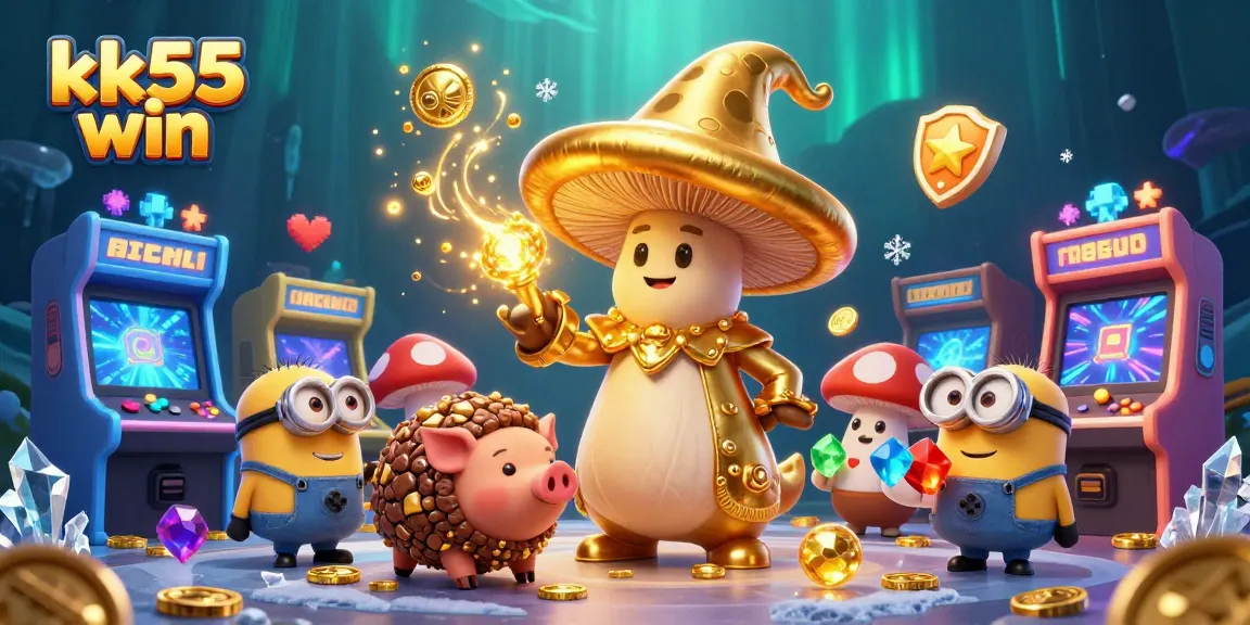 Engage in the magic of kk55 win with a golden mushroom wizard collecting treasures in a vibrant casino adventure.