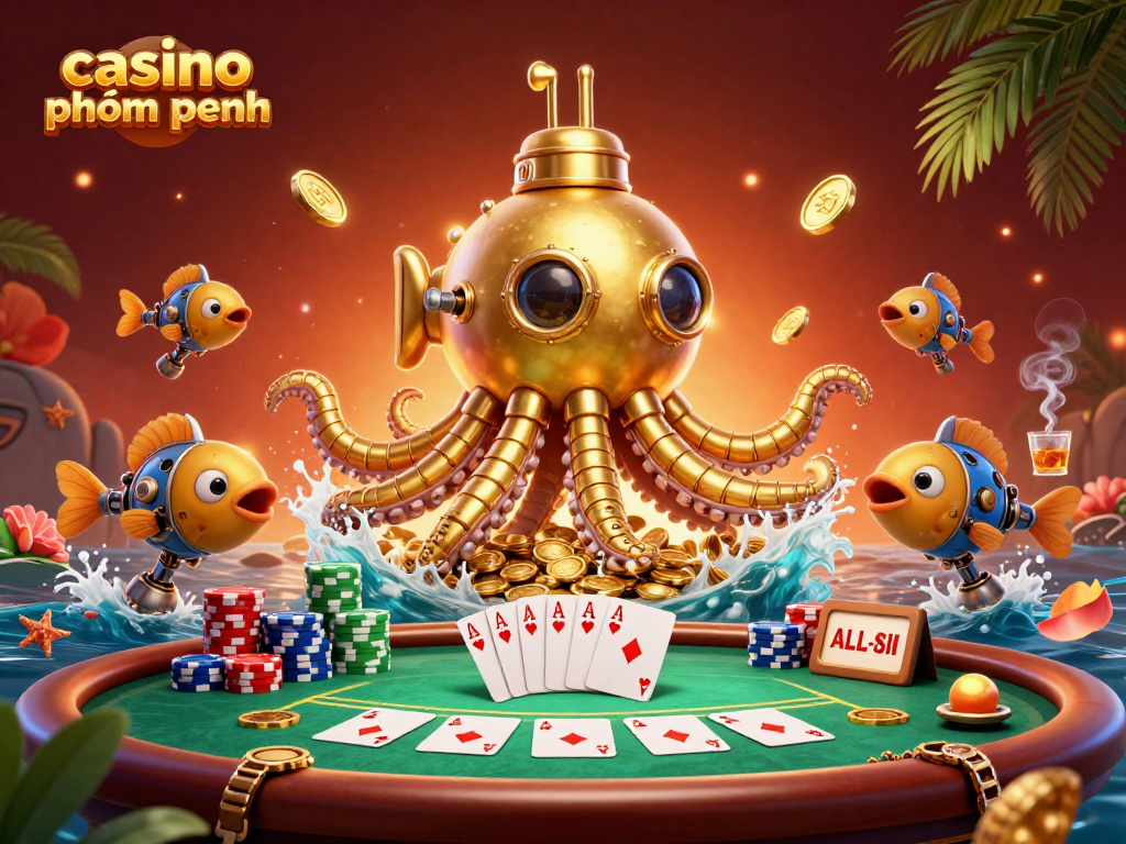 Experience the thrill of casino phnom penh with a vibrant 3D illustration showcasing golden kraken and poker elements.