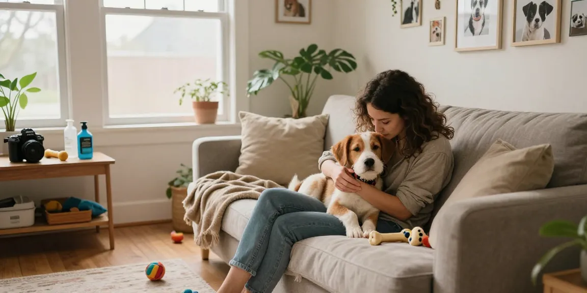 Caring pet owner with playful puppy in a cozy living room scene, emphasizing rokok88 community connection