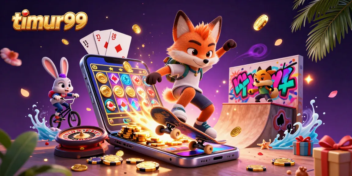 Experience the excitement of timur99 as a cartoon fox skateboards over poker chips, surrounded by gaming symbols.