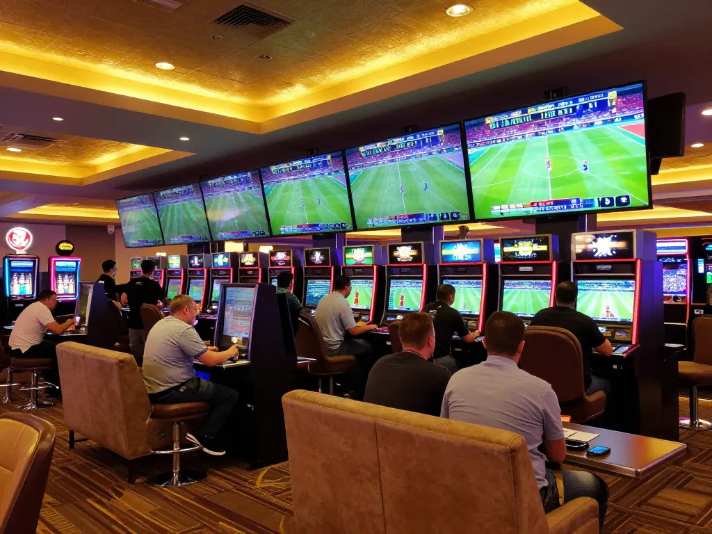 Fans placing bets at a sunwin sports lounge, surrounded by screens showing live sports.