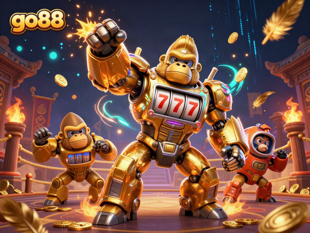 go88 gameplay illustrated by a golden mech and coins exploding in energetic casino style