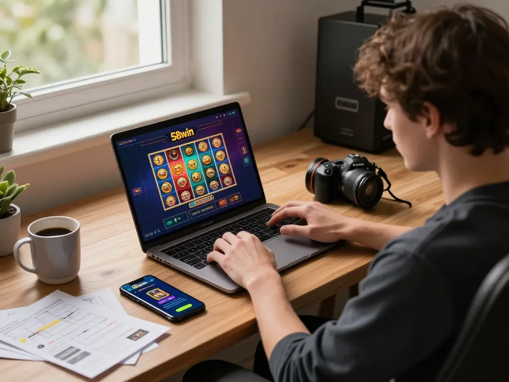 Engaging player enjoying the 58wiin online casino on a laptop with strategy notes and coffee.