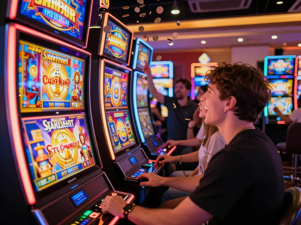 Players enjoying slots not on gamstop with vibrant reels and colorful designs in lively casino.