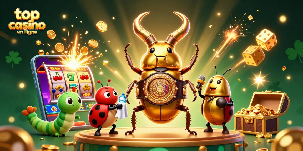 Scène animée d'un top casino en ligne avec un scarabée champion, symboles de jeux explosifs et un arrière-plan dynamique.