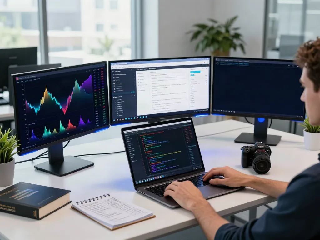 国内株式 API おすすめ in a modern tech workspace with cryptocurrency trading interfaces and developer coding.