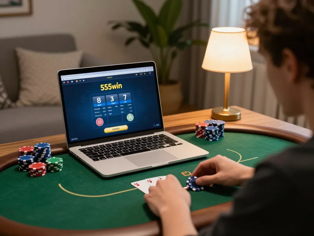 Engaging with 555win's online poker interface during a home gaming session, highlighting interactive gameplay.