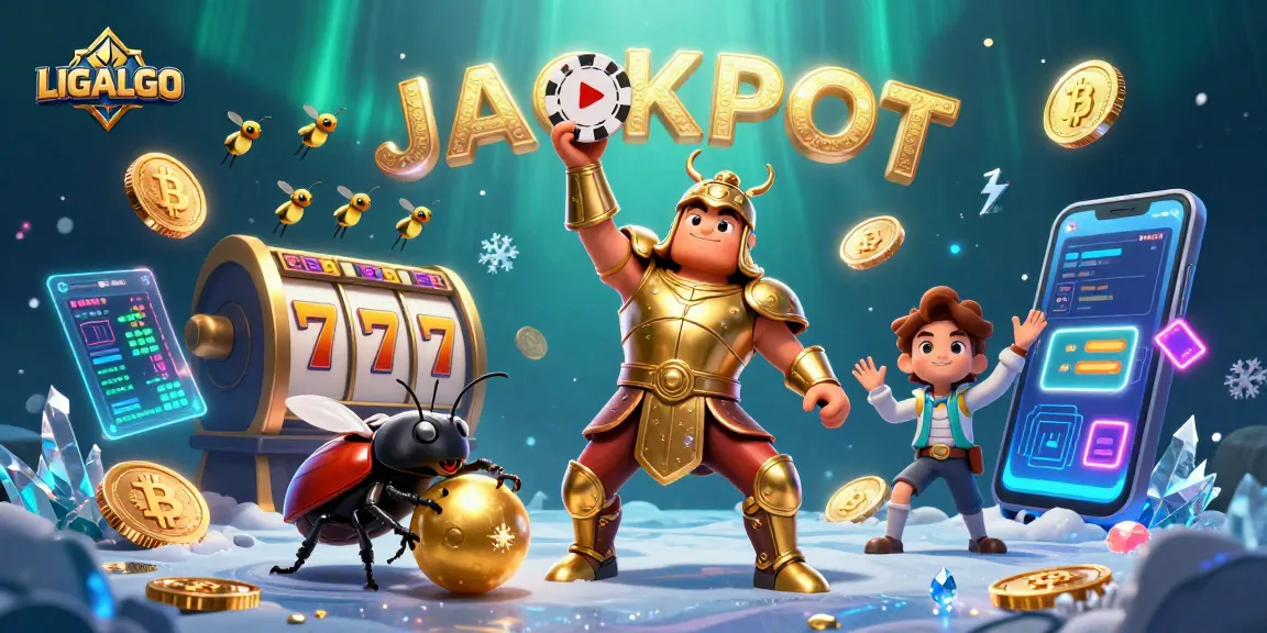 Engage in thrilling jackpots with LIGALGO amid vibrant slot reels and 3D characters.