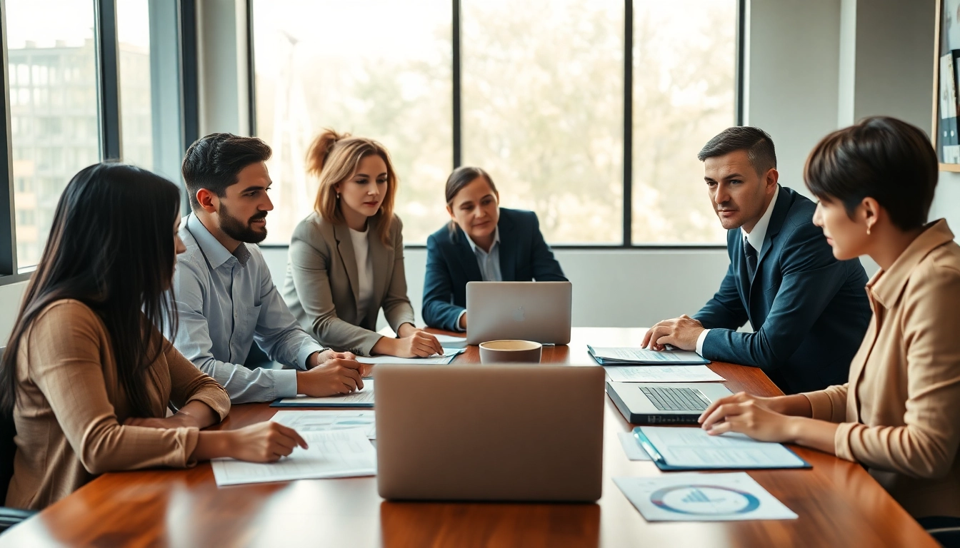 Discussing contracts and grants with a professional group at a conference table.