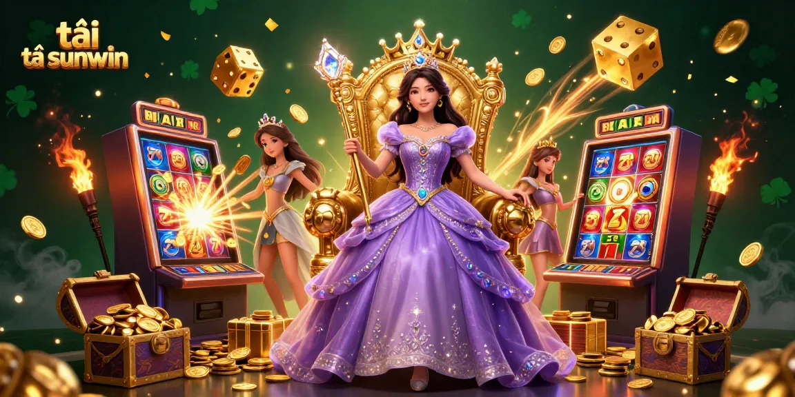 Play exciting casino games with tải sunwin on your mobile, featuring vibrant slot machines and a beautiful Asian princess.