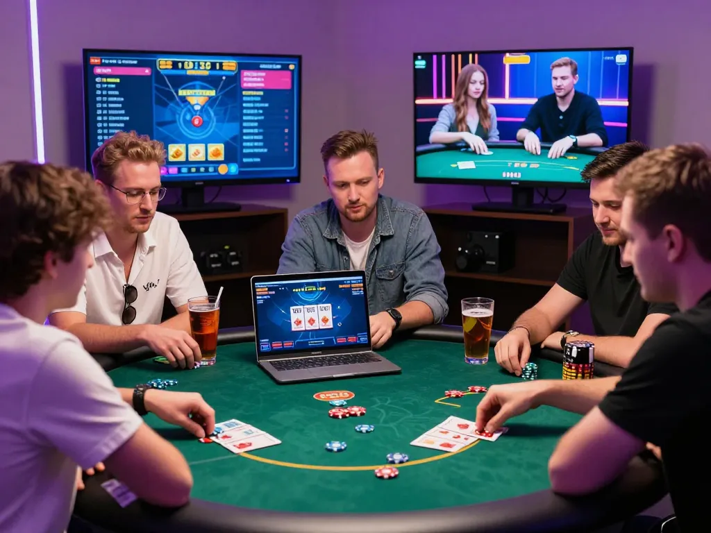 Exciting poker online gaming scene with players engaged in Texas Hold'em match and vibrant neon ambiance