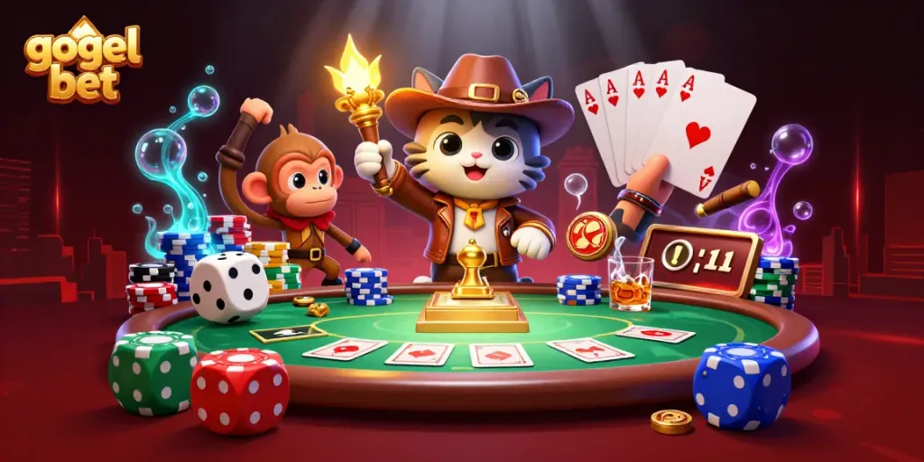 Menyusun strategi menang di gogel bet dengan kartu poker, kucing arkeolog, dan dekorasi kasino.