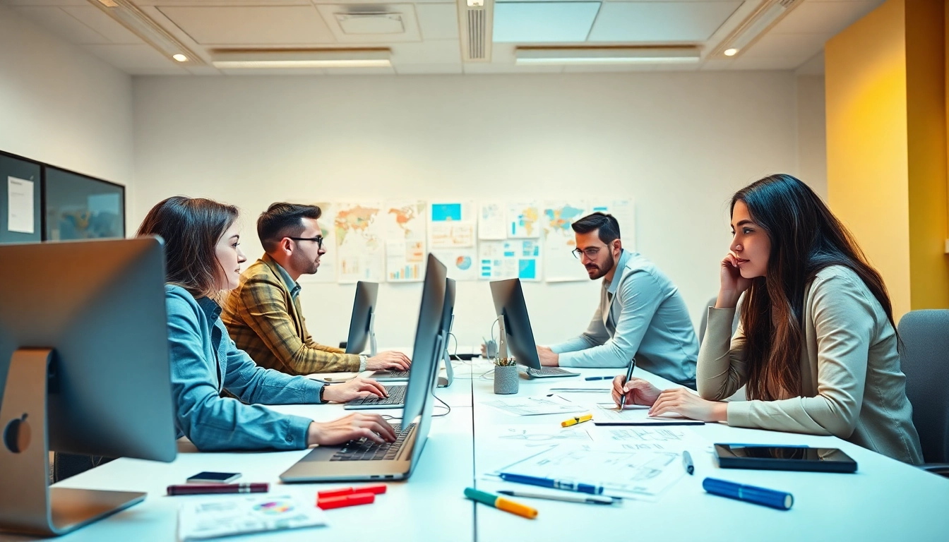 Collaborative graphic design team at work on https://bestdesignersintheworld.com/ projects in a vibrant office.