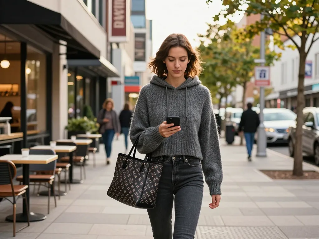 Model showcasing revelcollective.myshopify.com urban fashion in charcoal wool blend jumper and crop hoodie on city street.