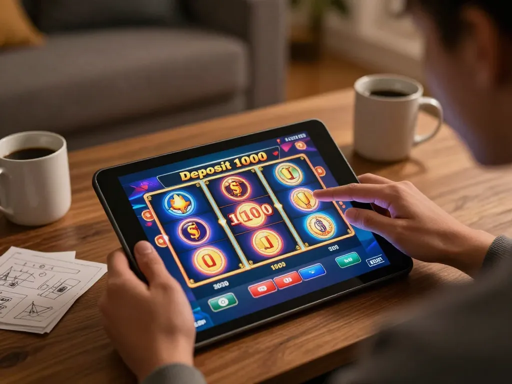 Engaging online gaming with slot deposit 1000 on tablet, showcasing an exciting gambling experience at home.