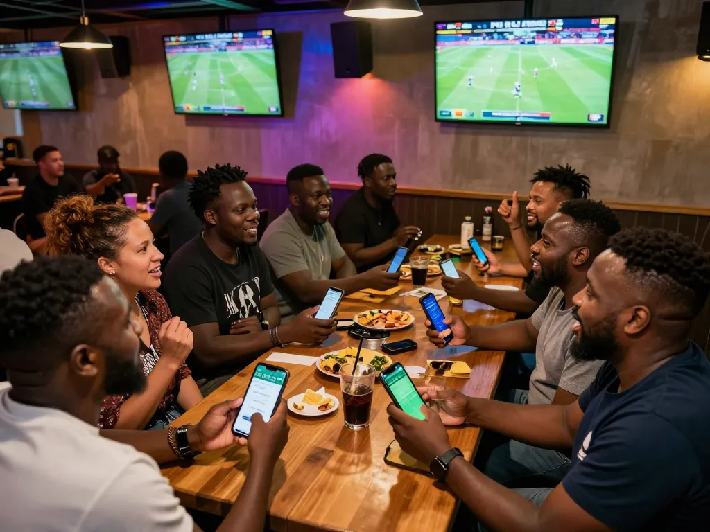 Engaged patrons placing bets on cloud-africa during live sports at a bustling bar.