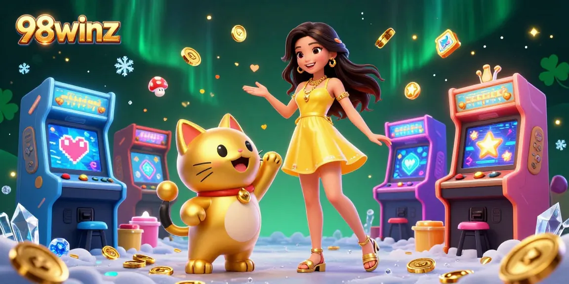 Engage in thrilling gameplay at 98winz, surrounded by colorful casino elements and cheerful characters.