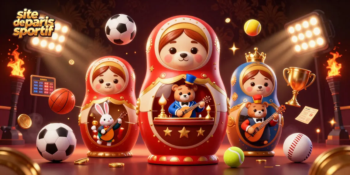 Éprouvez l'adrénaline avec ce site de paris sportif illustrant des ours Matryoshka et des éléments de jeu dynamiques.