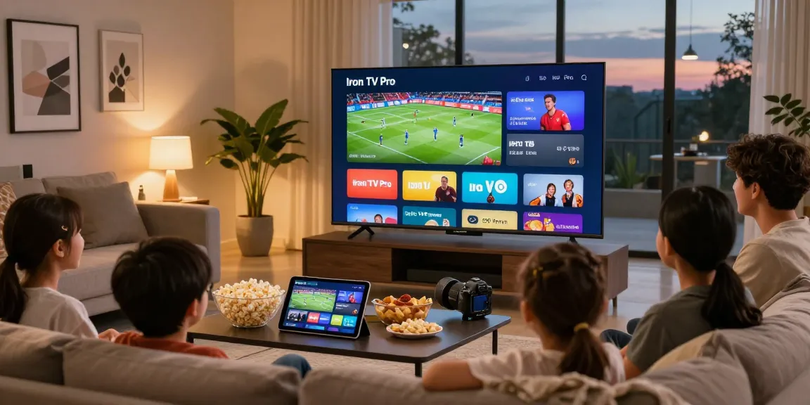 Family enjoying Iron TV Pro streaming on a smart TV in a cozy living room.