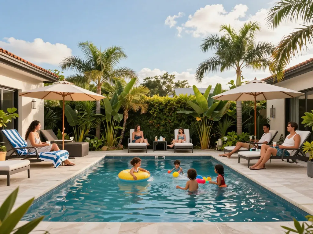 Dolphin Pool Services creating a vibrant family-friendly backyard oasis with a sparkling pool and happy children at play