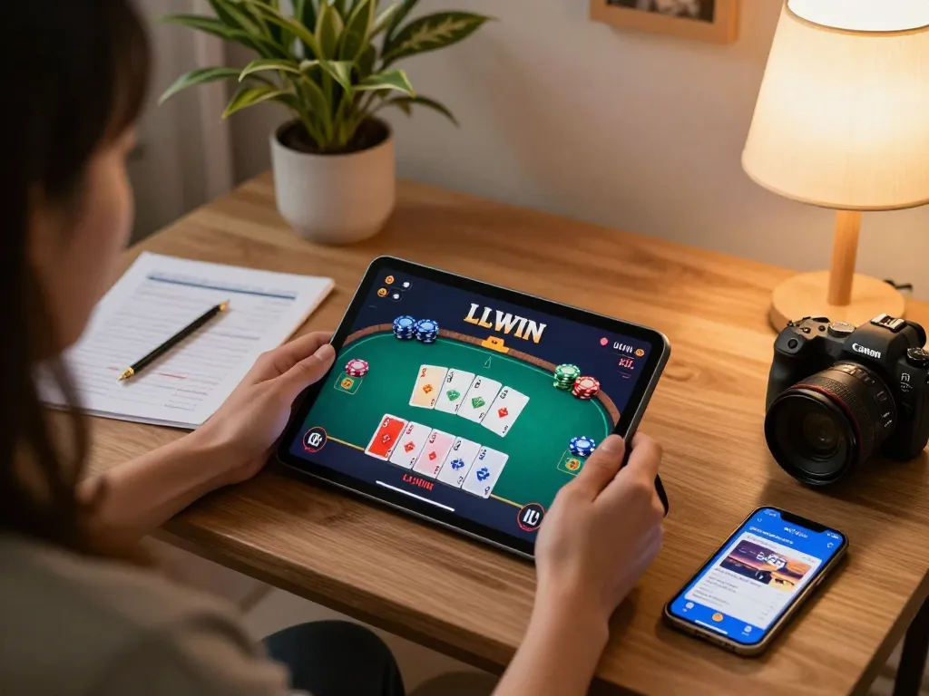 Engaging in LLWIN online casino gaming on a tablet with vibrant home setting and strategy notes.