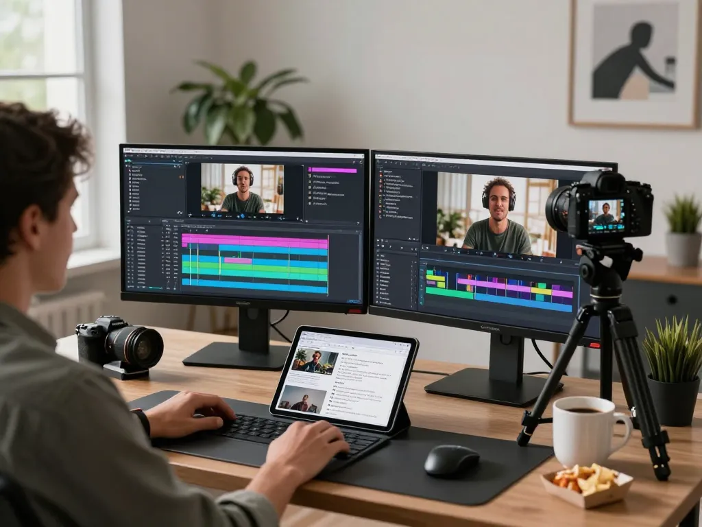 Content creator using video to prompt ai for generating video prompts in modern workspace.