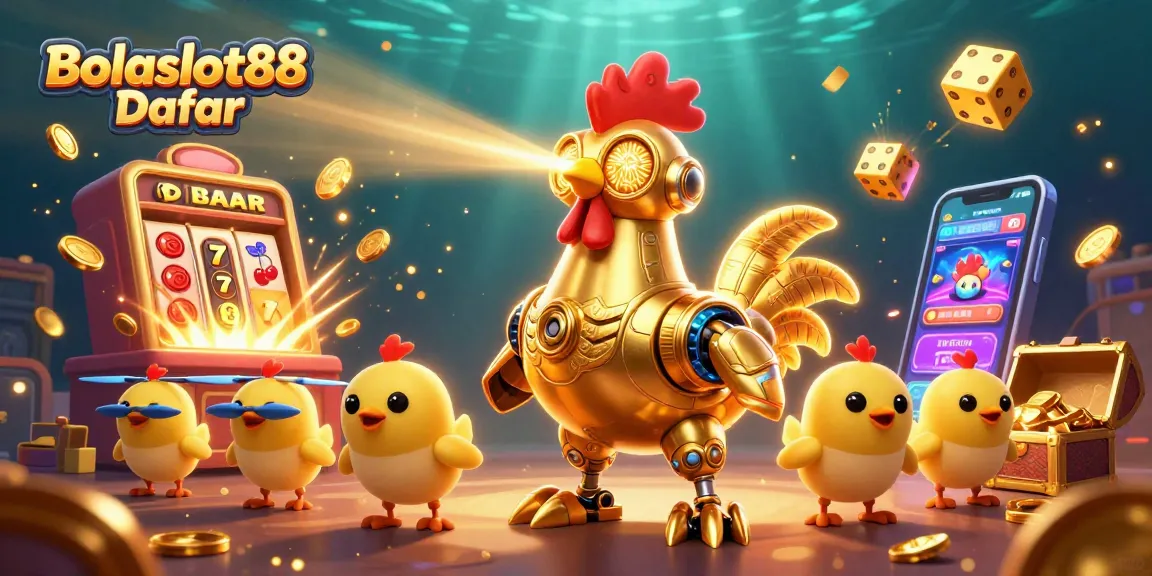 Bolaslot88 Daftar reveals thrilling slots action with a lively rooster robot and its baby chick drones amidst a jackpot explosion.