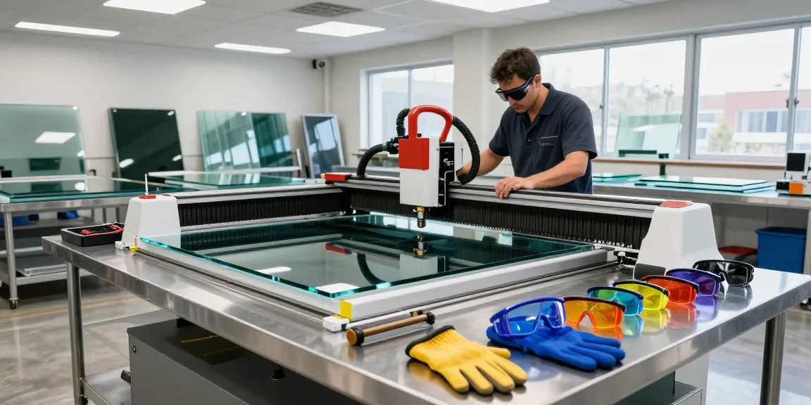 Technician using a glass cutting machine CNC in a vibrant workshop environment showcasing precision and craftsmanship.