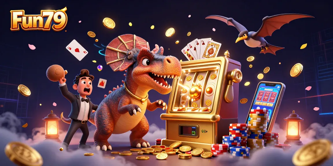 Experience thrilling wins at Fun79 as the pachycephalosaurus activates a jackpot on a golden slot machine while coins scatter