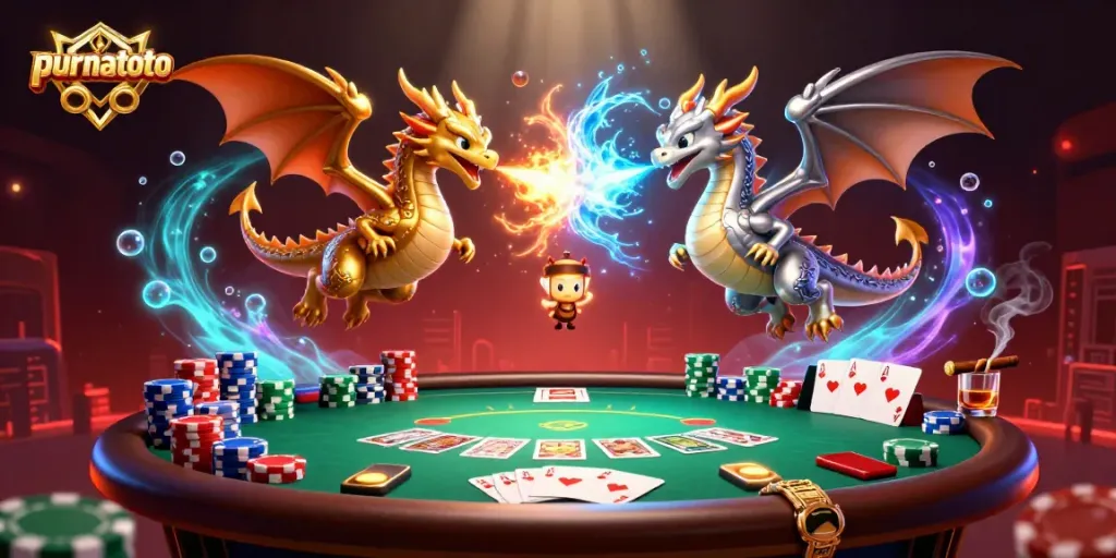 Menghasilkan kemenangan dengan purnatoto, ilustrasi kasino menampilkan naga terbang dan poker.