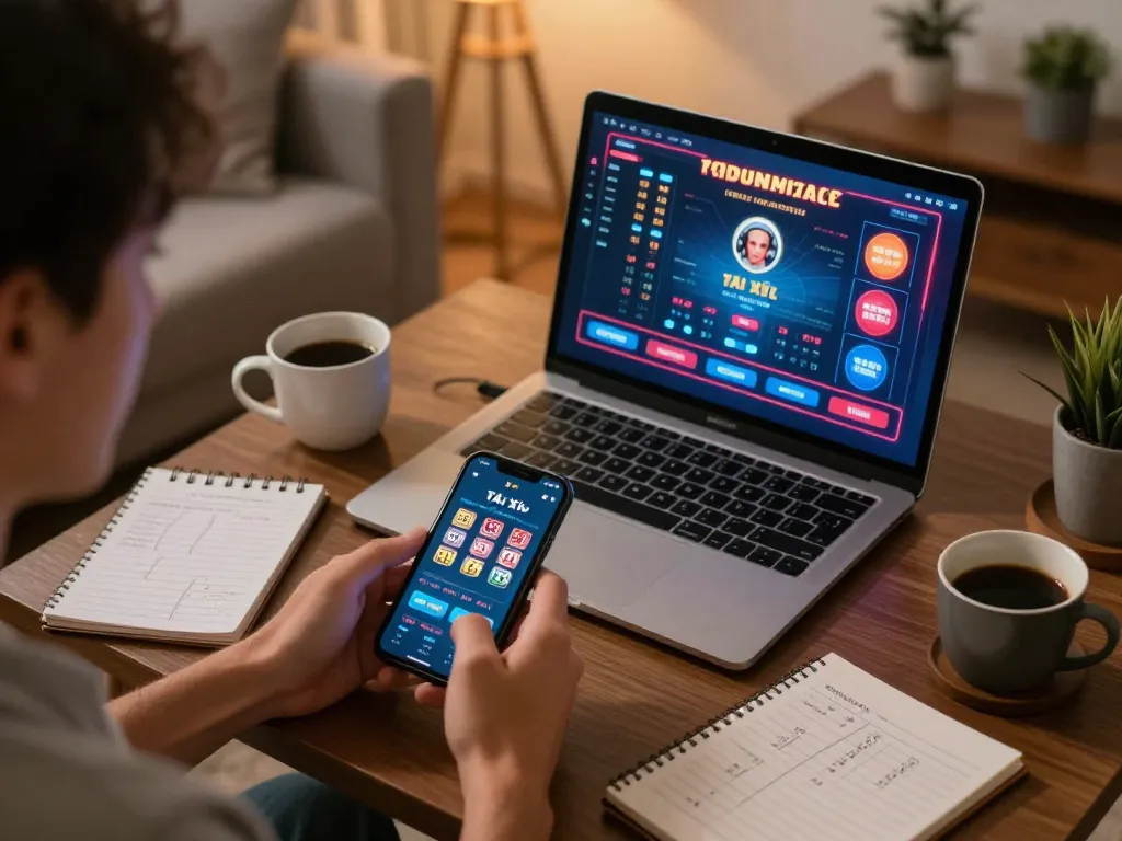 Player enjoying Tài Xỉu online at home, showcasing taixiuonline8 through smartphone and laptop in a cozy setup.