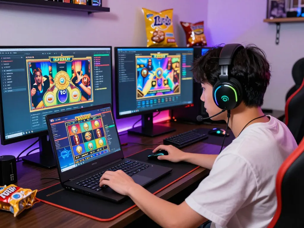 Gamer immersed in slot gacor experience with high-end accessories and vibrant screen graphics.