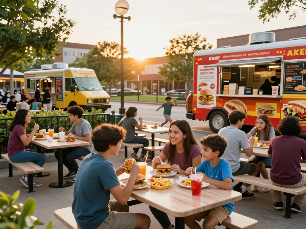 Delicious fast food menu items displayed at vibrant outdoor dining area.