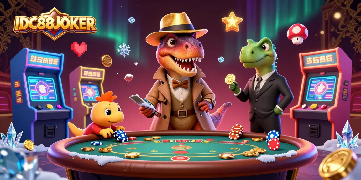 Experience thrilling gameplay at IDC88JOKER with our dynamic casino-themed illustration featuring unique characters.