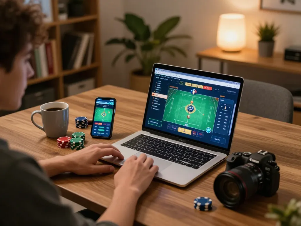 Player enjoying O8 poker game on laptop with chips and betting app visible at home.