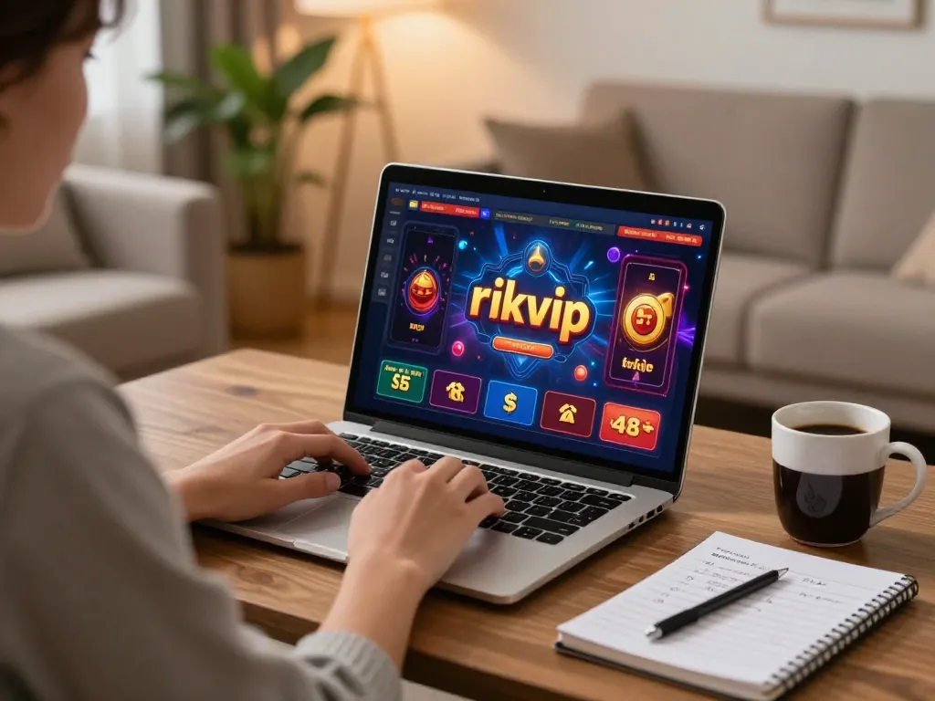 Player engaging in online rikvip gaming from a cozy living room setup, showcasing a welcoming atmosphere.