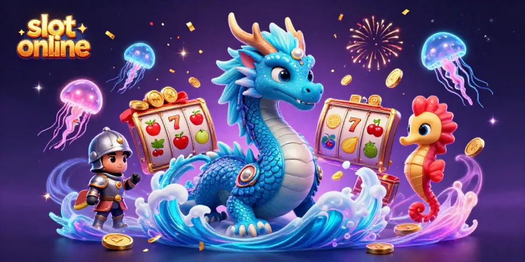 Slot online: Menangkan jackpot dengan karakter naga air dan simbol keberuntungan yang penuh warna.