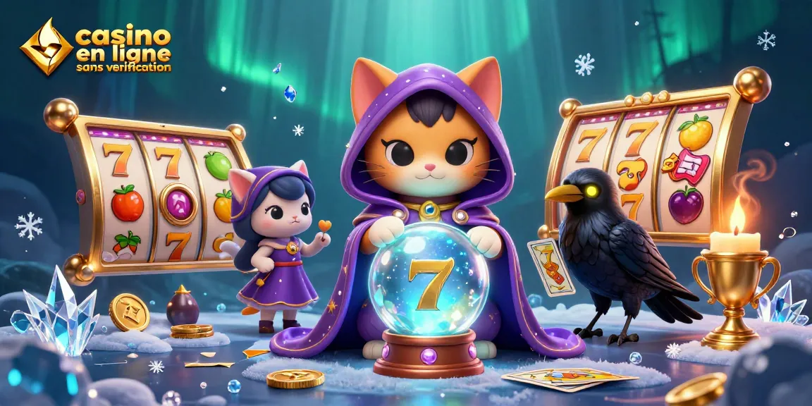 Une illustration 3D de casino en ligne sans vérification avec un chat mystique et une corneille, entourés de symboles de machines à sous.