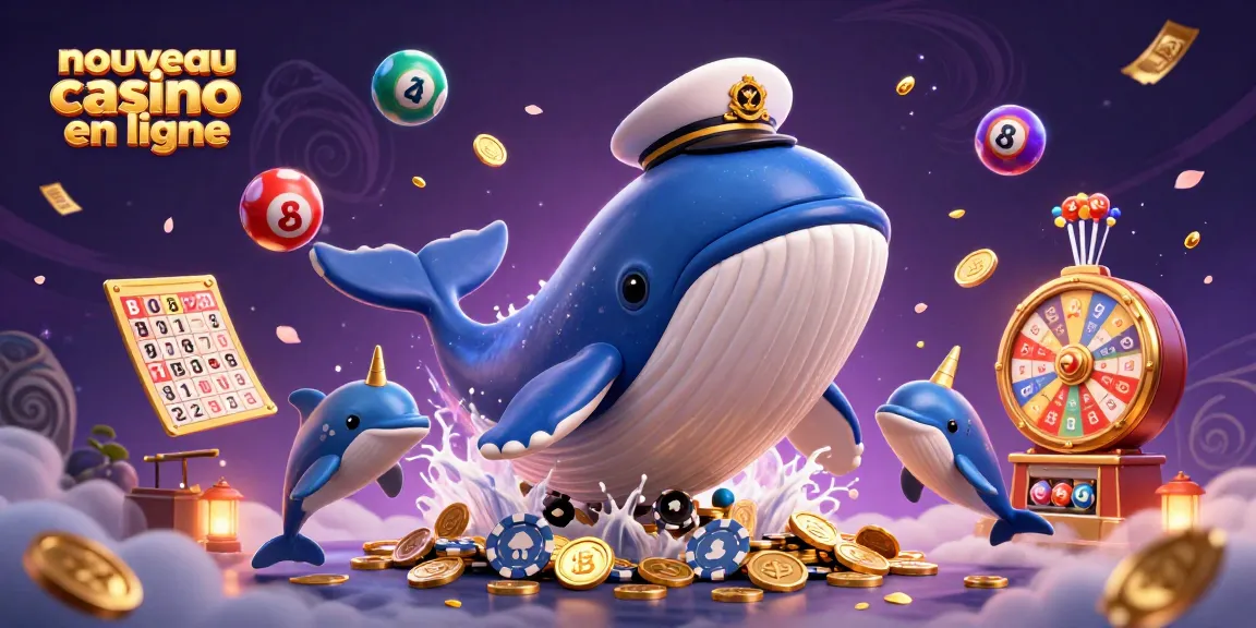 Scène de nouveau casino en ligne avec une baleine de dessin animé, un narval et des dauphins entourés d'éléments de loterie colorés.