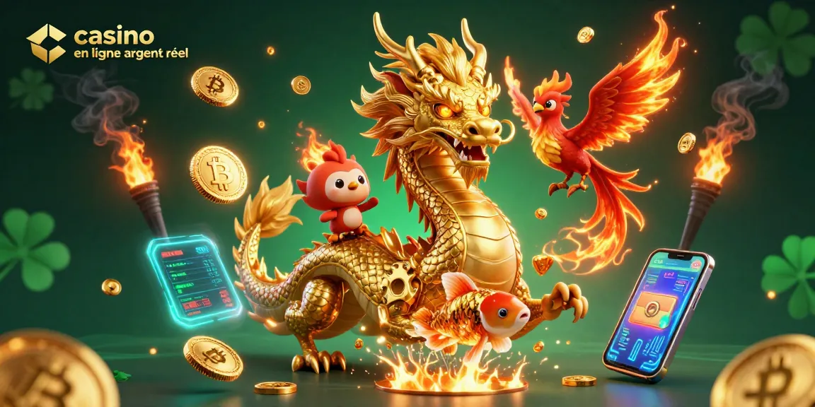 Jouer sur un casino en ligne argent réel avec un dragon et un phénix, entouré de pièces d'or.