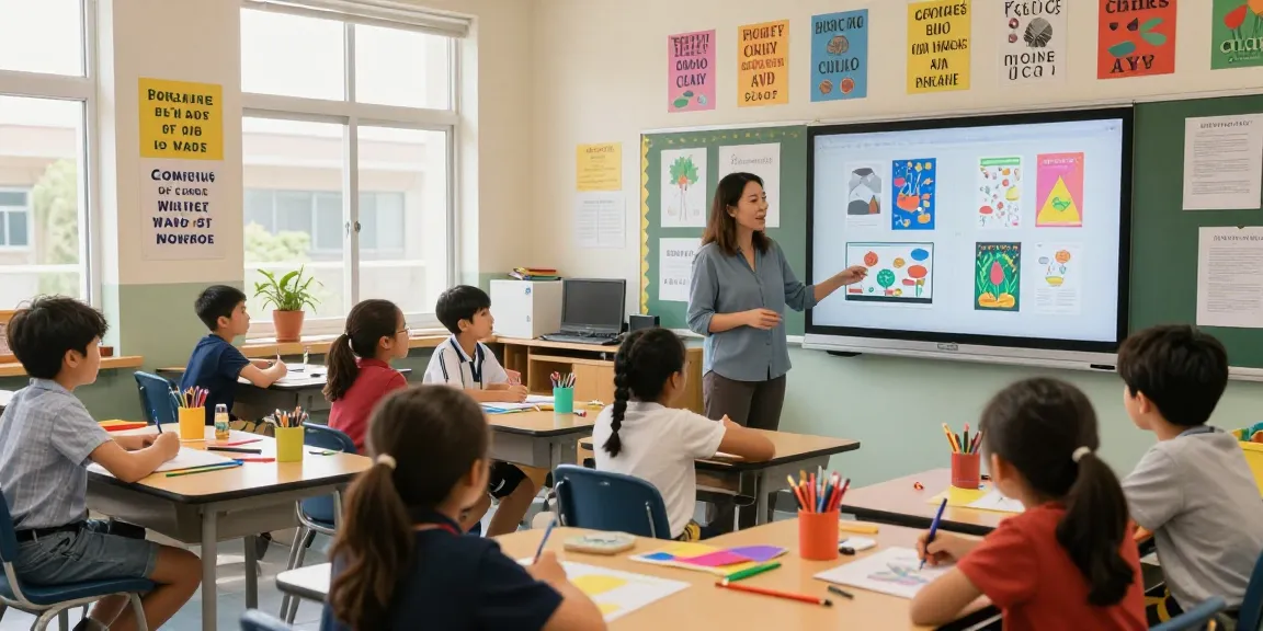 Students using a School Poster Maker in a creative classroom filled with colorful displays and art supplies.