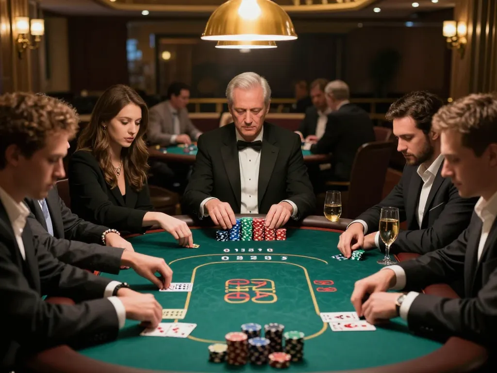 RR88 players engaged in a high-stakes poker game at a stylish casino table, intense focus on their gameplay.